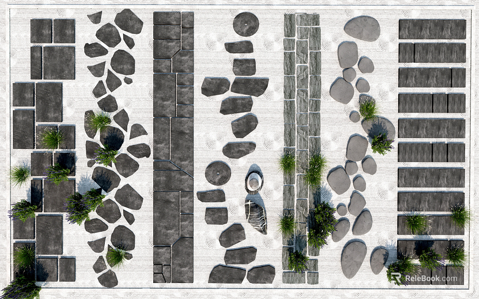 Garden Stepping Stones Natural Stone Arrangement With Green Plants And Pathway Design 3d model 