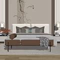 Modern Double Bed With Floral Bird Headboard Nightstands Lamps Vase Bench And Warm Tones Bedroom