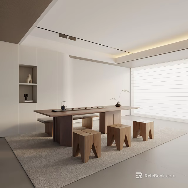 Modern Tea Room Interior With Long Wooden Table Wooden Stools And Tea Sets 3d model 