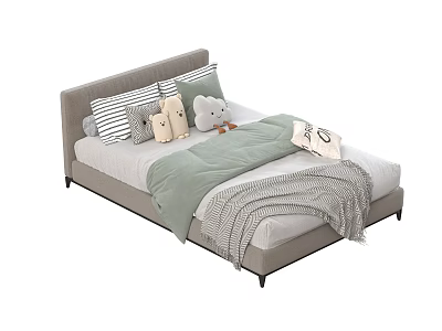 Soft Kids Bed with Gray Headboard Striped Pillows Stuffed Toys Green Blanket Gray Knit Throw 3d model