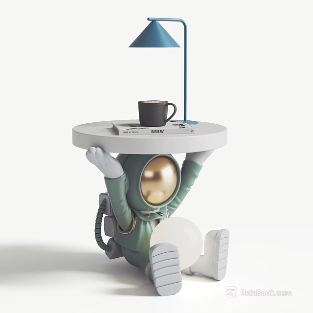 Astronaut Shaped Side Table with Figure Support Holding Coffee Cup Magazine and Blue Lamp 3d model 