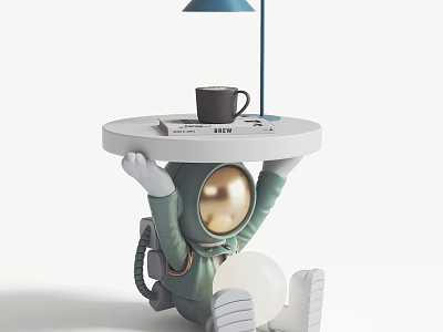 Astronaut Shaped Side Table with Figure Support Holding Coffee Cup Magazine and Blue Lamp 3d model