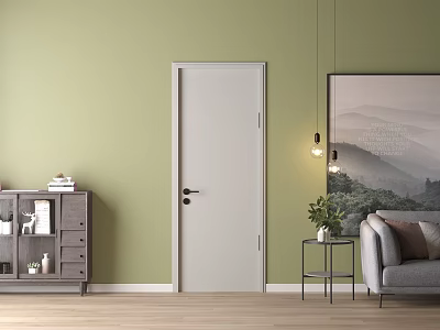 White Hinged Door In Living Room With Light Green Wall Gray Sofa And Wooden Floor 3d model