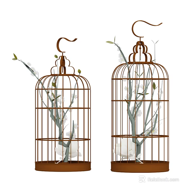 Vintage Birdcage Decorative Ornament Set With Branches And Leaves For Home Decor 3d model 