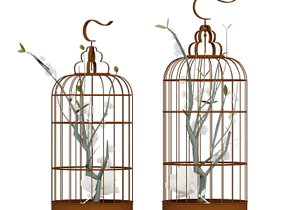 Vintage Birdcage Decorative Ornament Set With Branches And Leaves For Home Decor 3d model