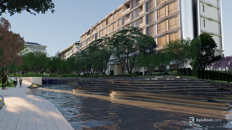Modern Building Garden Landscape With Water Pool Steps And Green Trees 3d model 