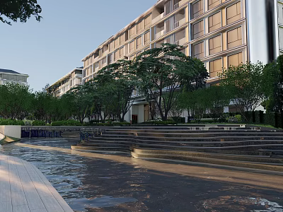 Modern Building Garden Landscape With Water Pool Steps And Green Trees 3d model