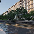 Modern Building Garden Landscape With Water Pool Steps And Green Trees