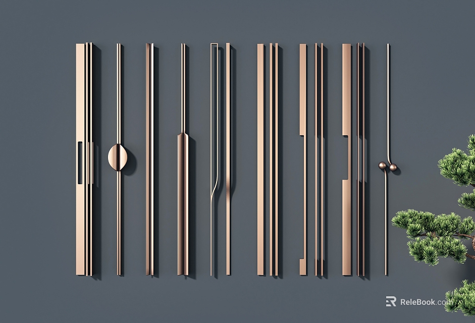 Modern Metal Door Handles With Various Designs Arranged On Gray Background And Green Plant 3d model 