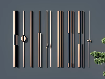Modern Metal Door Handles With Various Designs Arranged On Gray Background And Green Plant 3d model