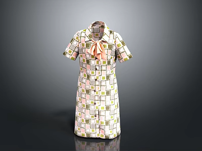 Colorful Geometric Pattern Dress With Short Sleeves And Pink Bow 3d model