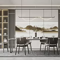 Elegant Chinese Dining Room Interior With Mountain Landscape Wall Art Wooden Table Chairs Pendant Lights