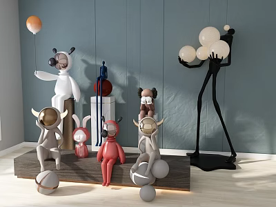 Colorful Dolls Display In Modern Room With Balloon And Floor Lamp 3d model