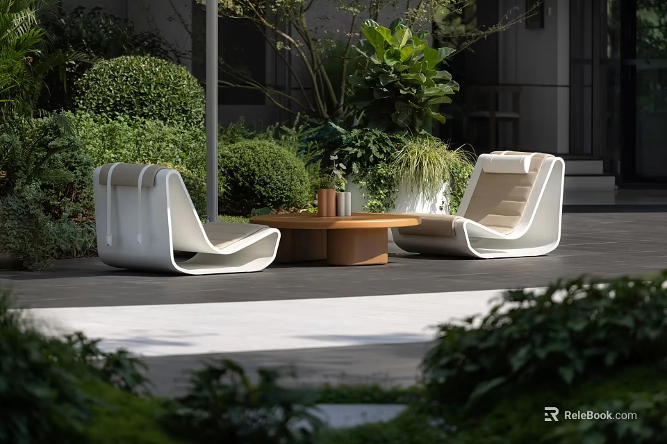 Stylish Modern Outdoor Sofa Set In Patio Space With Coffee Table And Lush Greenery 3d model 