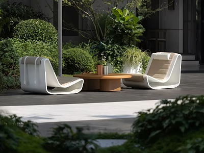 Stylish Modern Outdoor Sofa Set In Patio Space With Coffee Table And Lush Greenery 3d model