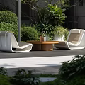 Stylish Modern Outdoor Sofa Set In Patio Space With Coffee Table And Lush Greenery