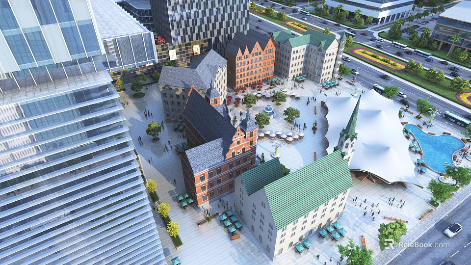 Urban Plaza With Modern High Rise Buildings Traditional Architecture Green Roofs People Trees 3d model 
