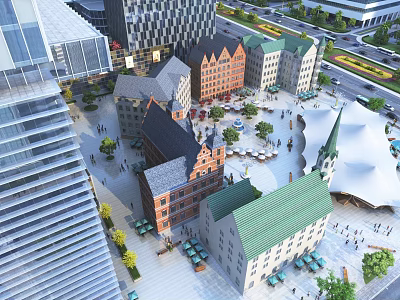 Urban Plaza With Modern High Rise Buildings Traditional Architecture Green Roofs People Trees 3d model