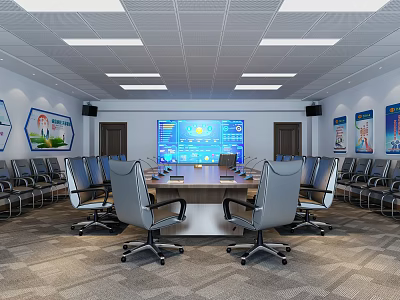 Modern Conference Room Interior With Large Display Table Comfortable Chairs Ceiling Lighting And Wall Posters 3d model