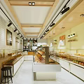 Bright Dessert Shop Interior Featuring Glass Display Cases Shelves Fresh Pastries And Decorative Art