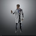 Man in white doctor coat with stethoscope pointing with right index finger against gray background