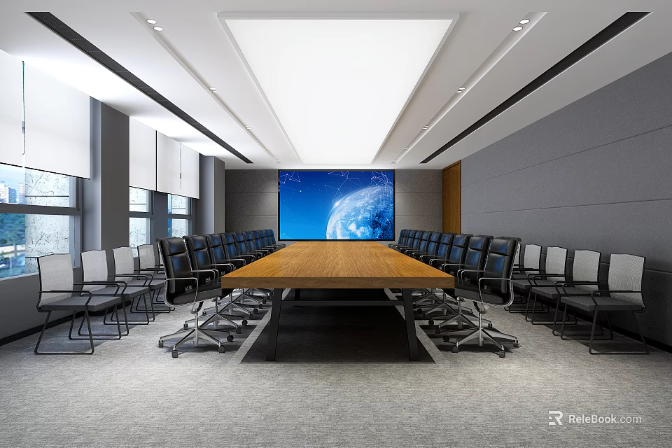Modern Conference Room with Long Wooden Table Black Chairs and Large Earth Screen 3d model 