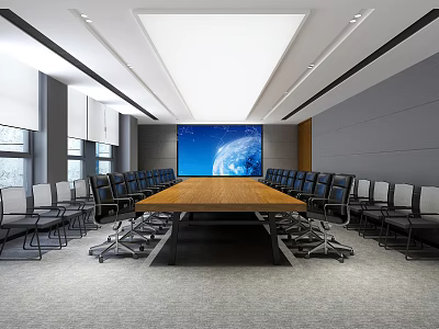 Modern Conference Room with Long Wooden Table Black Chairs and Large Earth Screen 3d model
