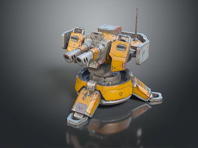 Yellow And Gray Mechanical Robot Turret With Cannon Barrels And Worn Metal Texture 3d model