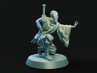 Detailed Monk Sculpture With Sword Kneeling Robed Figure Hand Gesture Circular Base 3d model