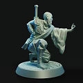Detailed Monk Sculpture With Sword Kneeling Robed Figure Hand Gesture Circular Base