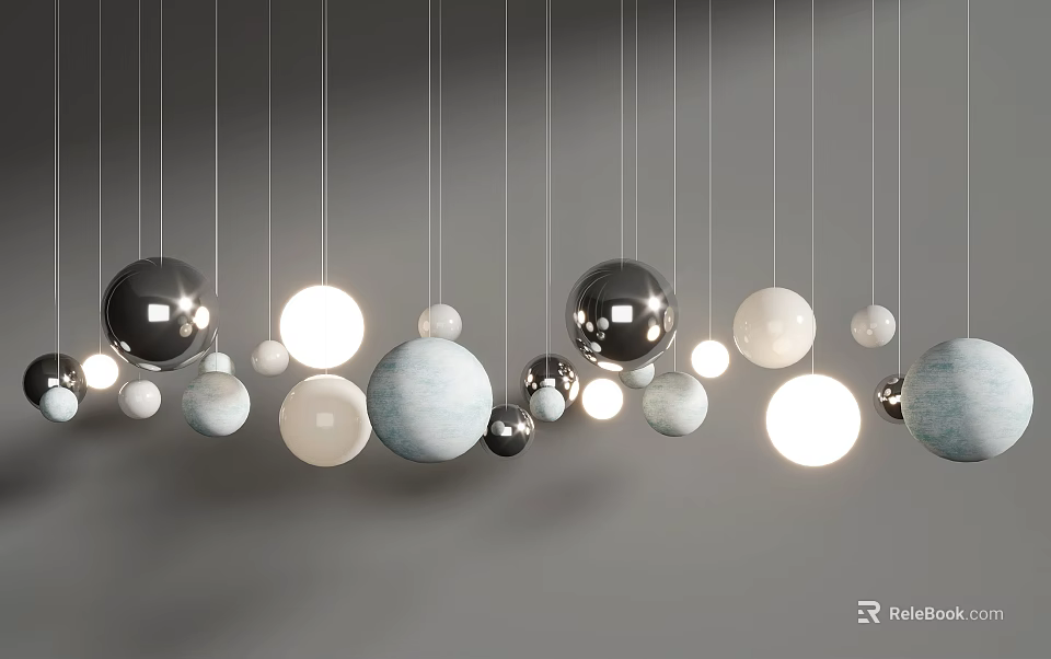 Stylish Spherical Pendant Lights with Multiple Sizes Various Colors Hanging Against Gray Background 3d model 