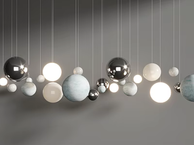 Stylish Spherical Pendant Lights with Multiple Sizes Various Colors Hanging Against Gray Background 3d model