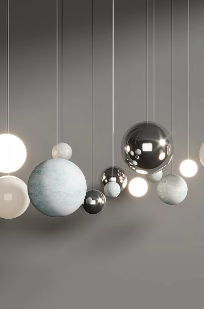Stylish Spherical Pendant Lights with Multiple Sizes Various Colors Hanging Against Gray Background 3d model