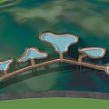 Scenic Misty Green Mountain Landscape With Circular Platforms And Wooden Walkways