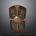 Decorative Shield With Copper Frame Green Ornate Patterns And Central Metallic Sphere