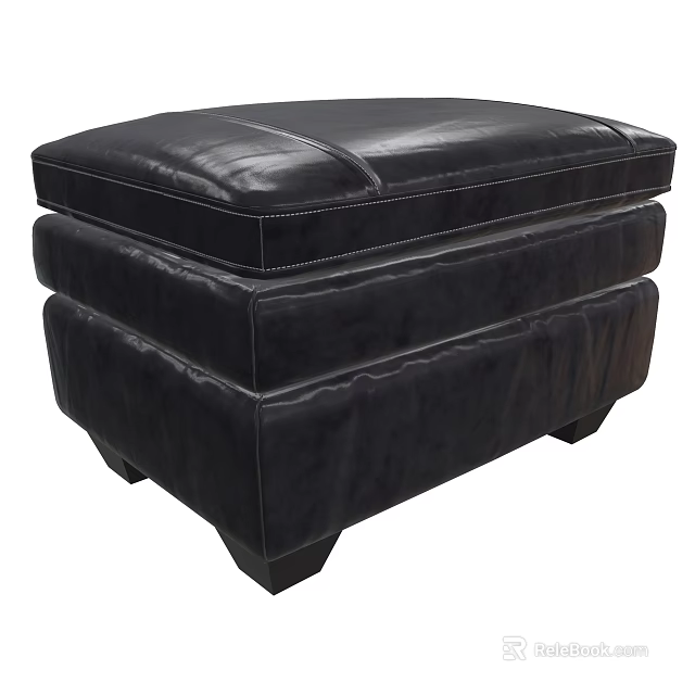 Modern Style Black Leather Ottoman With Stitched Details And Sturdy Legs 3d model 