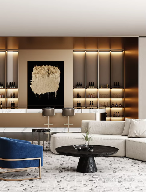 Elegant Modern Sales Office Reception Area With Sofa Bar Counter Wine Cabinet And Decorative Painting 3d model 