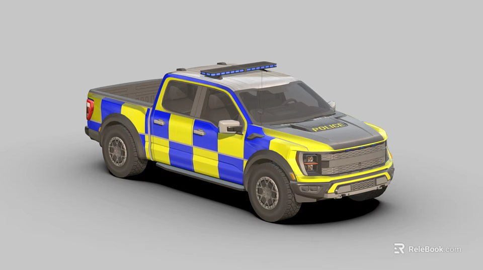 Police Truck With Blue And Yellow Checkered Design And Roof Emergency Lights 3d model 