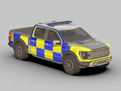 Police Truck With Blue And Yellow Checkered Design And Roof Emergency Lights 3d model