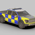 Police Truck With Blue And Yellow Checkered Design And Roof Emergency Lights
