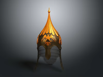 Golden Medieval Helmet With Pointed Top Ornate Carvings And Chainmail Visor 3d model