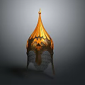 Golden Medieval Helmet With Pointed Top Ornate Carvings And Chainmail Visor