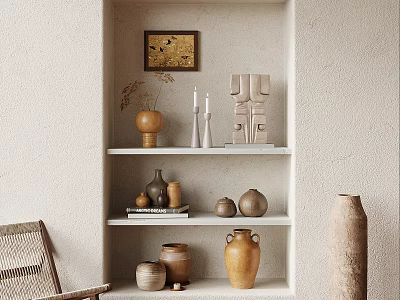 Shelf Display With Ceramic Vases Decorative Pots Sculpture Dried Plants And Books 3d model