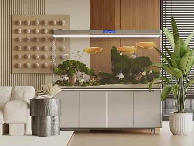 Stylish Indoor Aquarium Setup With Yellow Fish Aquatic Plants And Decorative Rocks In Living Room 3d model