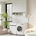 Home Balcony Interior With White Cabinets Washing Machine Sink Green Plant And Floor Lamp