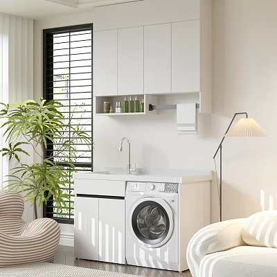 Home Balcony Interior With White Cabinets Washing Machine Sink Green Plant And Floor Lamp 3d model