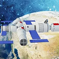 Cartoon Space Station With Blue Solar Panels Orbiting Earth In Starry Outer Space