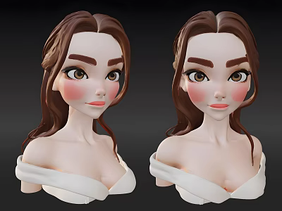 Woman With Brown Long Hair Wearing Off Shoulder White Blouse Two Portraits 3d model