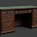 Vintage Wooden Desk With Green Marble Top Brass Table Lamp And Wooden Chair
