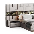 Modern Upholstered Double Bed With Geometric Headboard And Bedside Storage Units 3d model